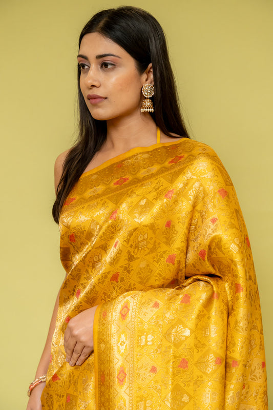 Mustard Banarasi Silk Saree With Unstitched Blouse