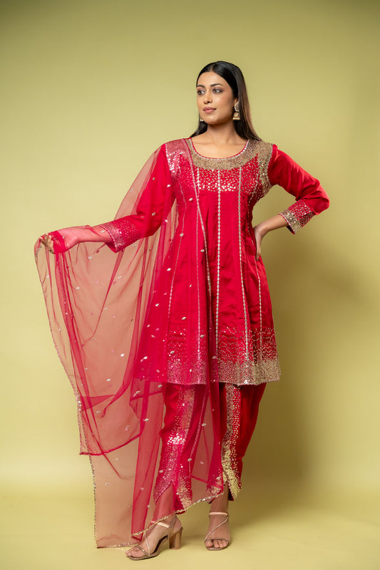 Maroon Cotton Readymade Suit With Dhoti Style Pant & Net Dupatta