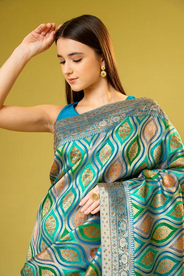 Rama Banarasi Silk Saree With Unstitched Blouse