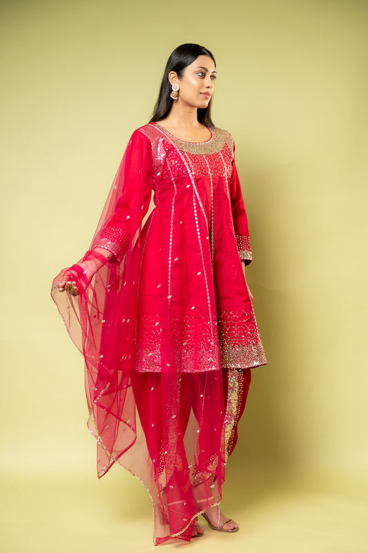 Maroon Cotton Readymade Suit With Dhoti Style Pant & Net Dupatta