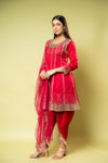 Maroon Cotton Readymade Suit With Dhoti Style Pant & Net Dupatta