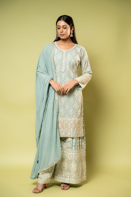 Mint Green Georgette Readymade Sharara Set With Georgette Dupatta