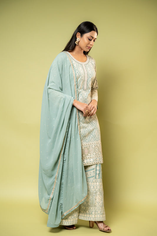 Mint Green Georgette Readymade Sharara Set With Georgette Dupatta