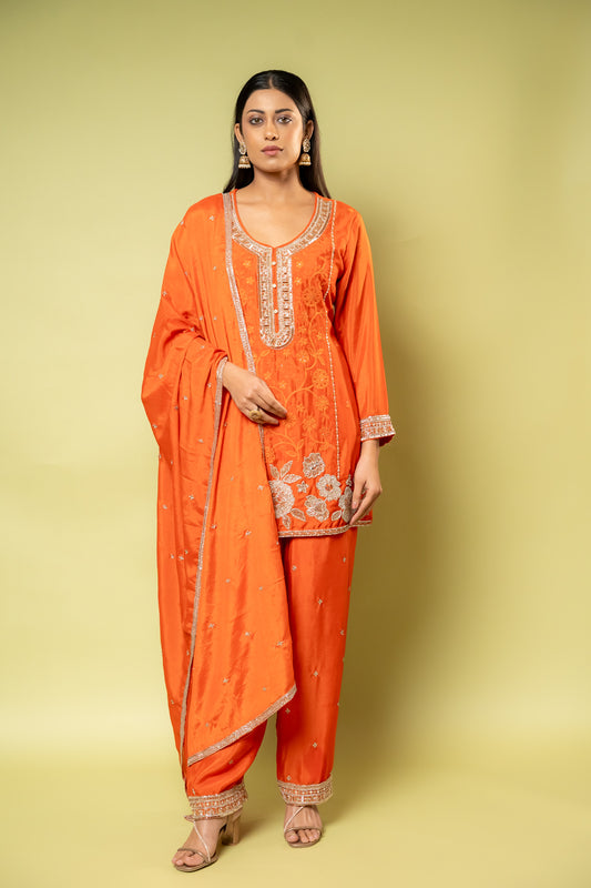 Orange Chinon Readymade Suit And Palazzo With Chinon Dupatta