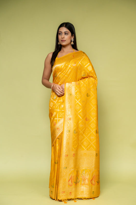 Mustard Banarasi Silk Saree With Unstitched Blouse