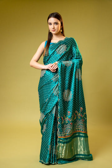 Rama Organza Embroidered Saree With Unstitched Blouse