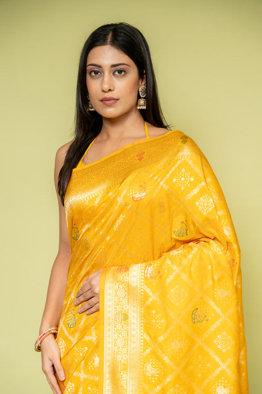 Mustard Banarasi Silk Saree With Unstitched Blouse