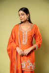 Orange Chinon Readymade Suit And Palazzo With Chinon Dupatta