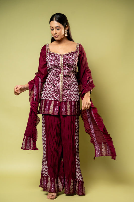 Wine Dola Readymade Sharara Set With Dola Dupatta