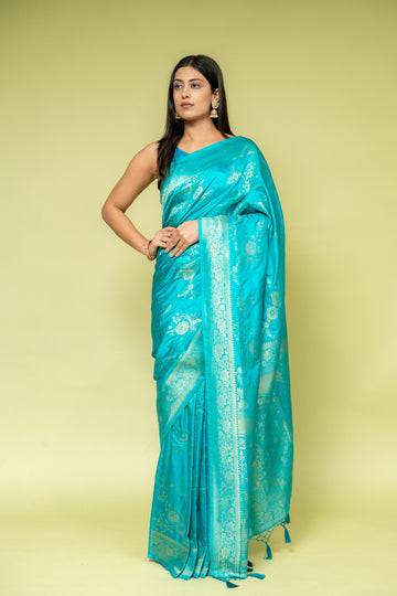 Rama Banarasi Silk Saree With Unstitched Blouse