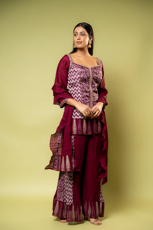 Wine Dola Readymade Sharara Set With Dola Dupatta