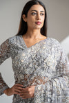 Grey Net Embroidered Saree With Readymade Blouse