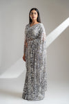 Grey Net Embroidered Saree With Readymade Blouse