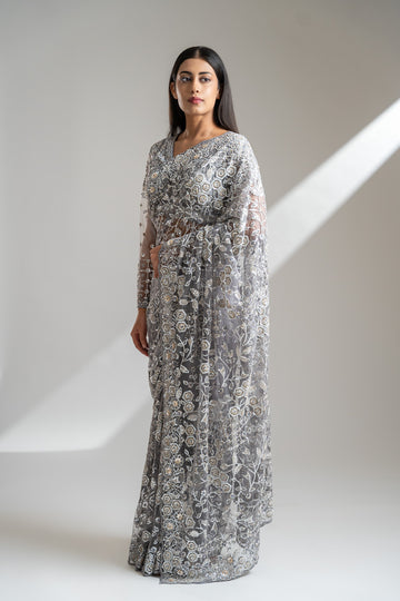 Grey Net Embroidered Saree With Readymade Blouse