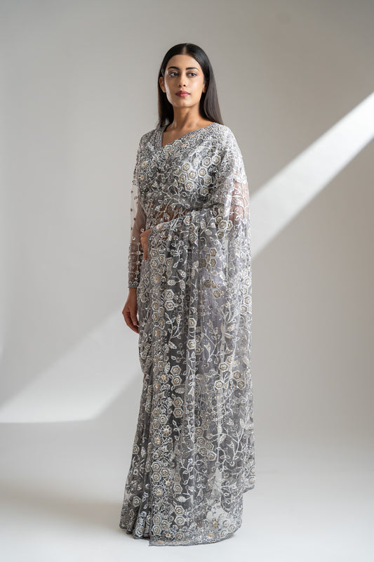 Grey Net Embroidered Saree With Readymade Blouse