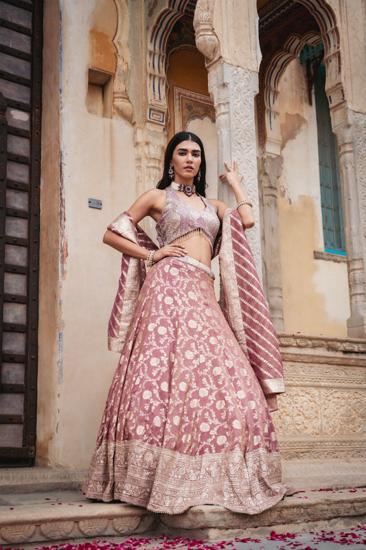 Onion Organza Tissue Lehenga Set And Organza Dupatta With Readymade Blouse