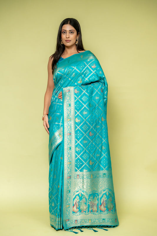 Rama Banarasi Silk Saree With Unstitched Blouse