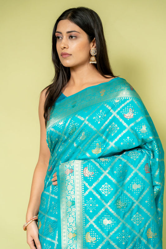 Rama Banarasi Silk Saree With Unstitched Blouse