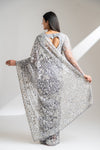 Grey Net Embroidered Saree With Readymade Blouse