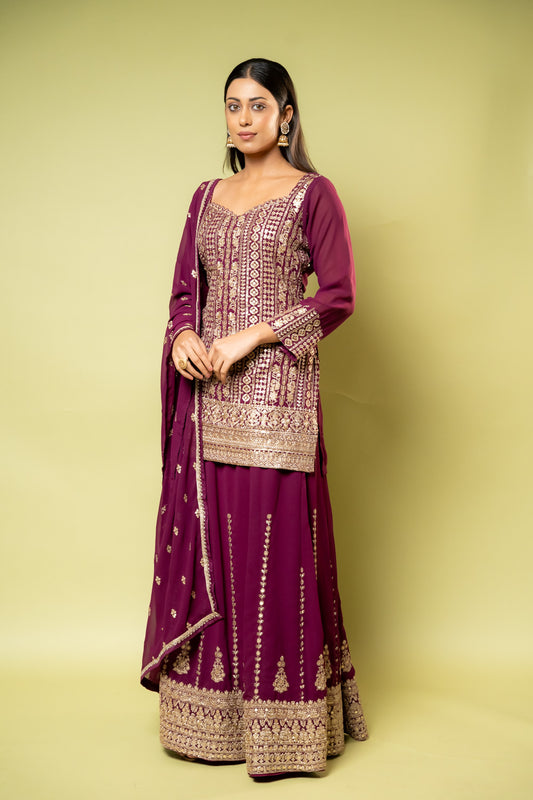Garnet Georgette Readymade Sharara Set With Georgette Dupatta
