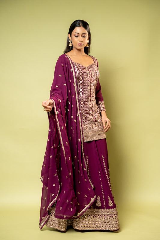 Garnet Georgette Readymade Sharara Set With Georgette Dupatta
