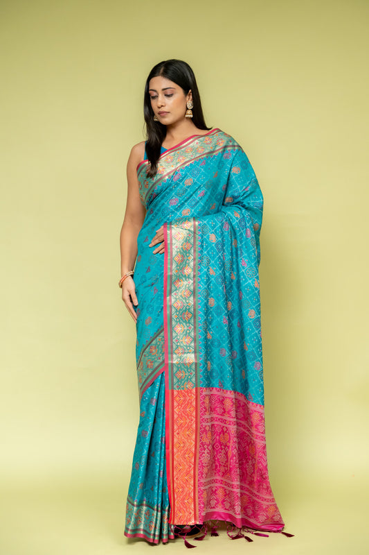 Rama Banarasi Silk Saree With Unstitched Blouse