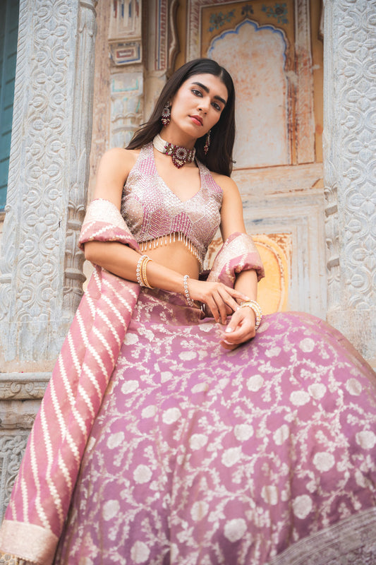 Onion Organza Tissue Lehenga Set And Organza Dupatta With Readymade Blouse