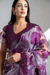 Grey Garnet Organza Embroidered Saree With Readymade Blouse