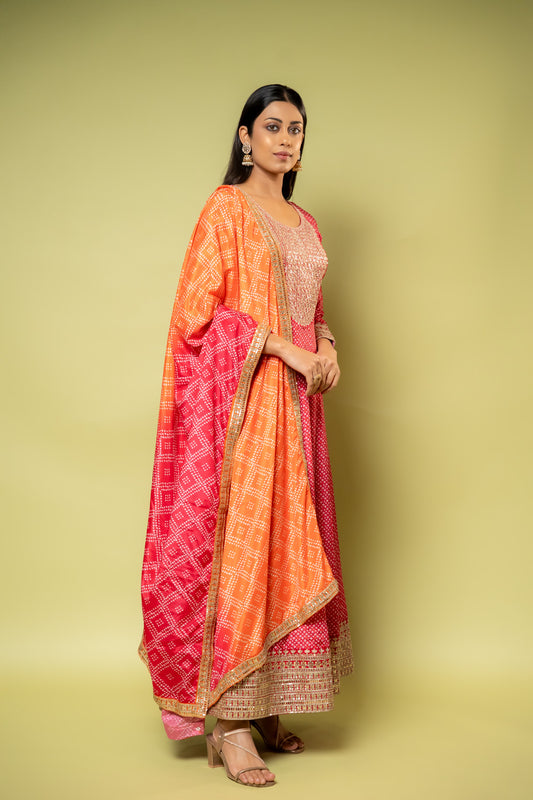 Maroon Chinon Floor Length Readymade Suit With Chinon Dupatta