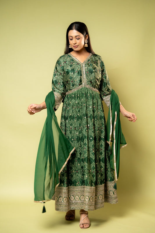 Mehndi Crepe Floor Length Readymade Suit With Chiffon Dupatta