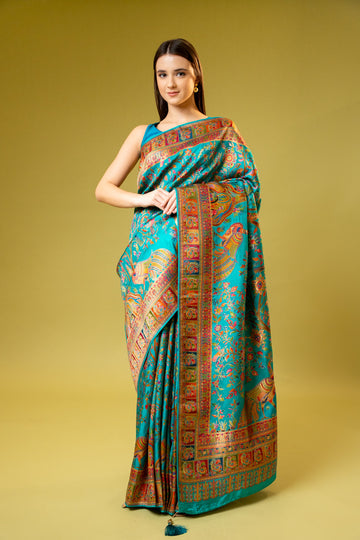 Rama Banarasi Silk Saree With Unstitched Blouse