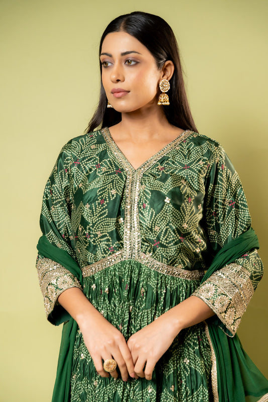 Mehndi Crepe Floor Length Readymade Suit With Chiffon Dupatta