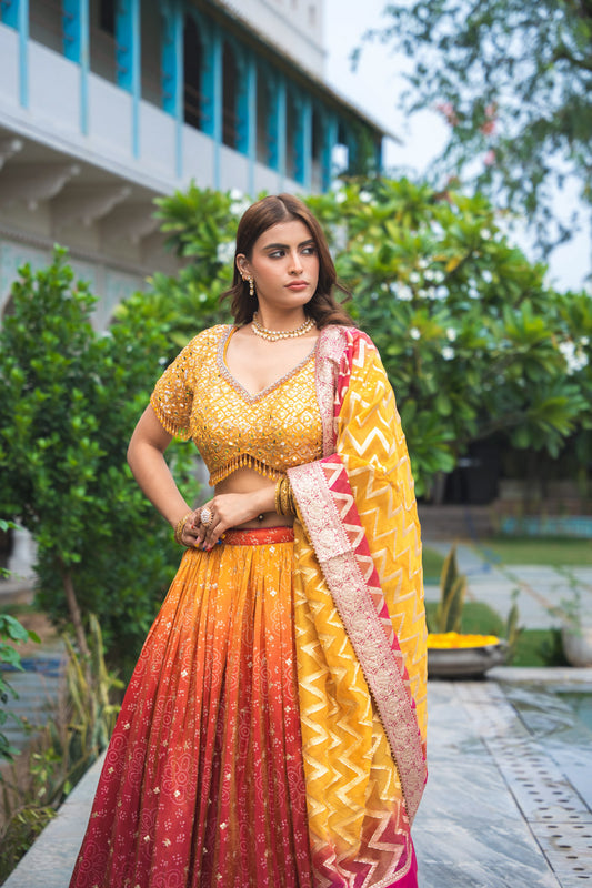 Maroon Mustard Tissue Lehenga Set And Tissue Dupatta With Readymade Blouse