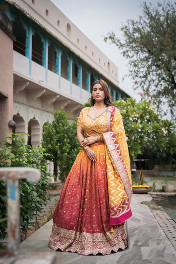 Maroon Mustard Tissue Lehenga Set And Tissue Dupatta With Readymade Blouse
