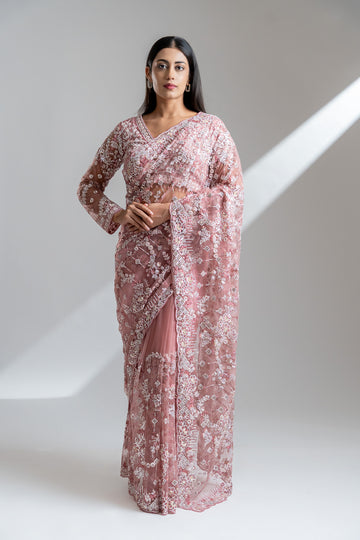 Gajari Net Embroidered Saree With Readymade Blouse