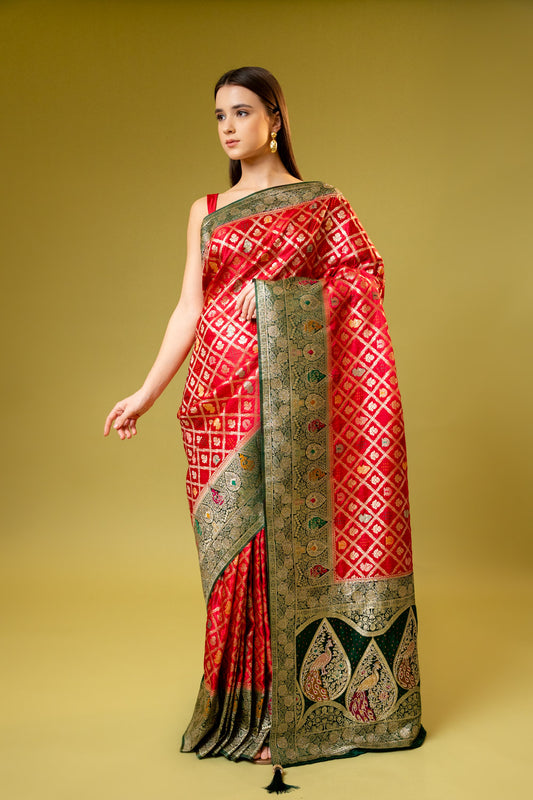 Rani Banarasi Silk Saree With Unstitched Blouse