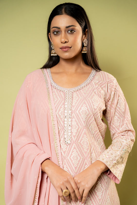 Peach Georgette Readymade Sharara Set With Georgette Dupatta