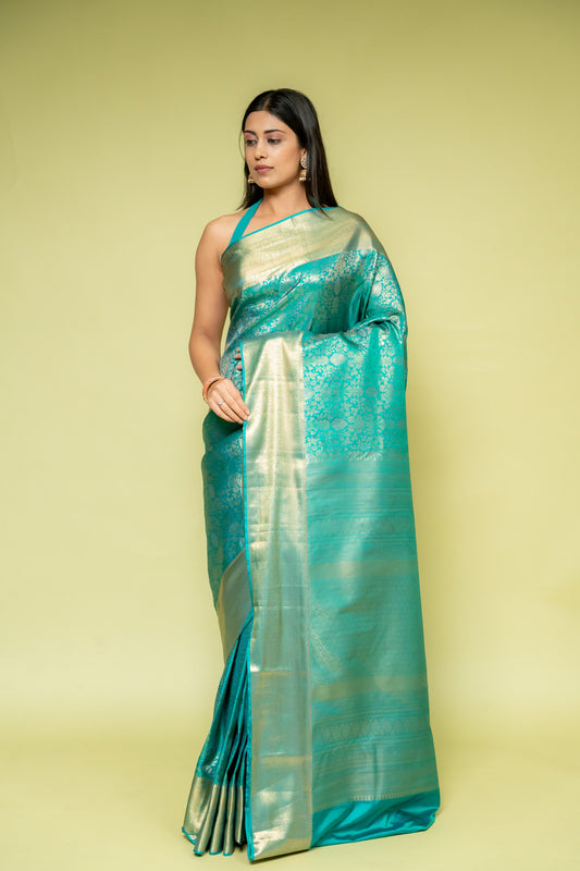 Rama Banarasi Silk Saree With Unstitched Blouse