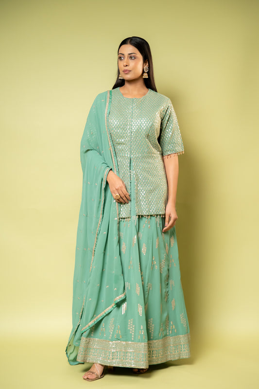 Mint Green Georgette Readymade Sharara Set With Georgette  Dupatta