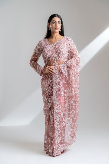 Gajari Net Embroidered Saree With Readymade Blouse