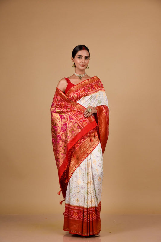 White Maroon Banarasi Woven Zari Gujarat Patola Saree (Ft:-Sukhmani Gambhir)