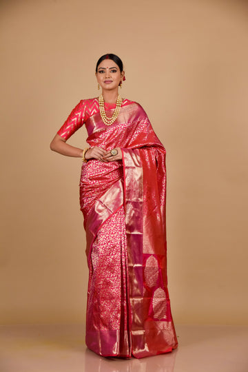 Coral South indian Woven Zari Saree With Unstitched Blouse