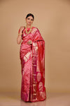 Coral South indian Woven Zari Saree With Unstitched Blouse