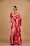 Coral South indian Woven Zari Saree With Unstitched Blouse