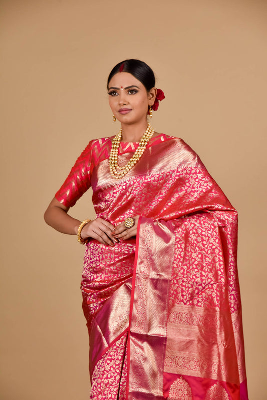 Coral South indian Woven Zari Saree With Unstitched Blouse