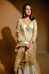 Cream Tissue Readymade Suit And Palazzo With Organza Dupatta