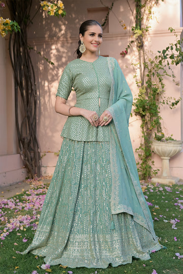Sea Green Georgette Readymade Lehenga Set With Georgette Dupatta