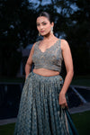 Blue Grey Shimmer Lehenga Set And Organza Dupatta With Readymade Blouse