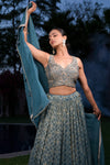 Blue Grey Shimmer Lehenga Set And Organza Dupatta With Readymade Blouse