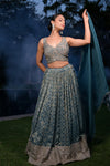 Blue Grey Shimmer Lehenga Set And Organza Dupatta With Readymade Blouse